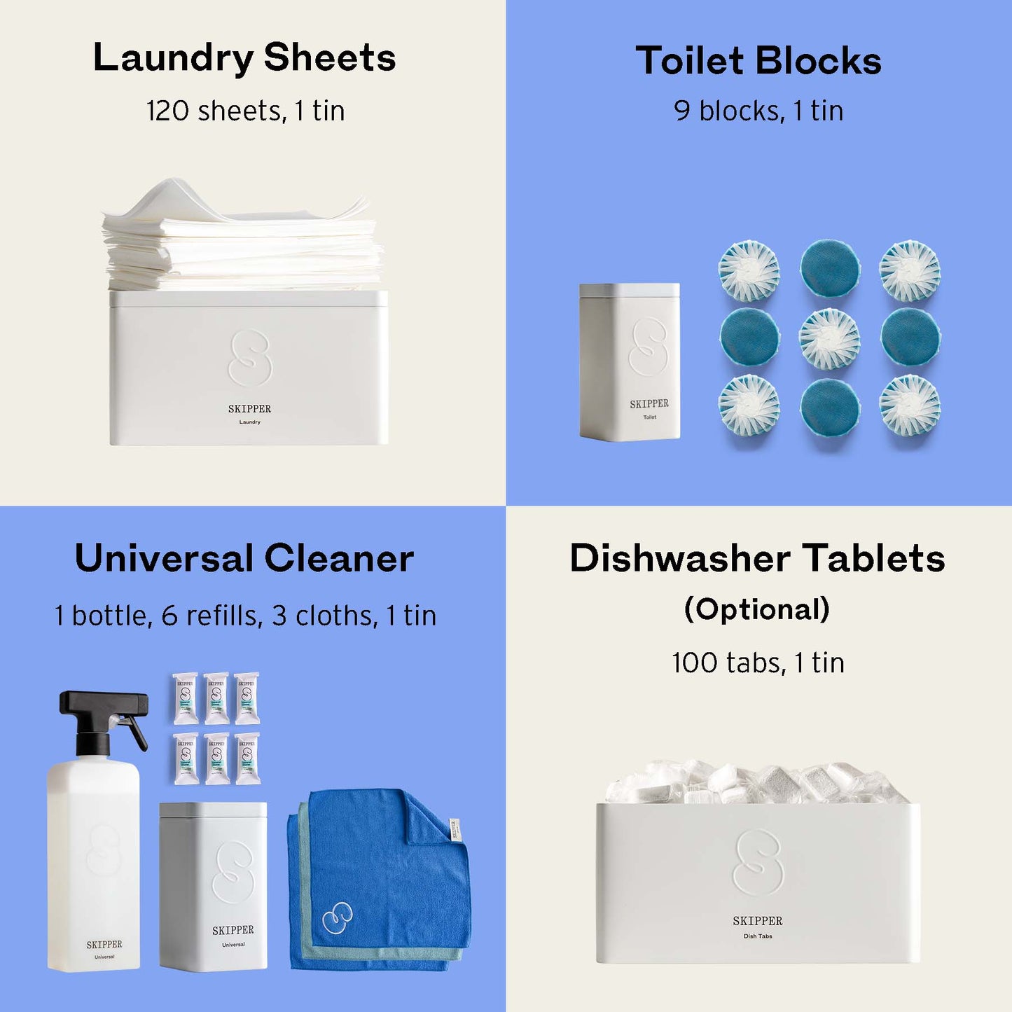 Laundry sheets with tin, nine toilet blocks with tin, universal cleaner dispenser with six tablets three micro fiber towels and storage tin and dish tasb with tin