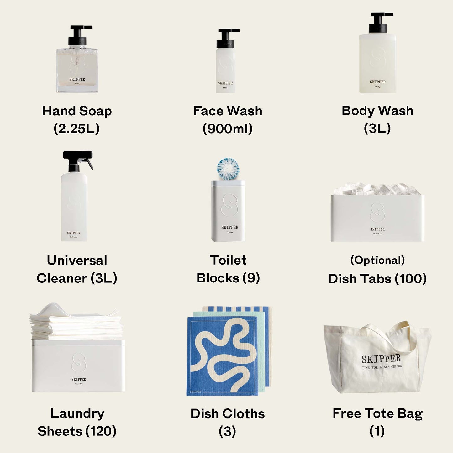 Hand soap, face wash and body wash bottles, universal cleaner dispenser,  nine toilet blocks with storage tin laundry sheets and dish tabs tins, three dish cloths and tote bag